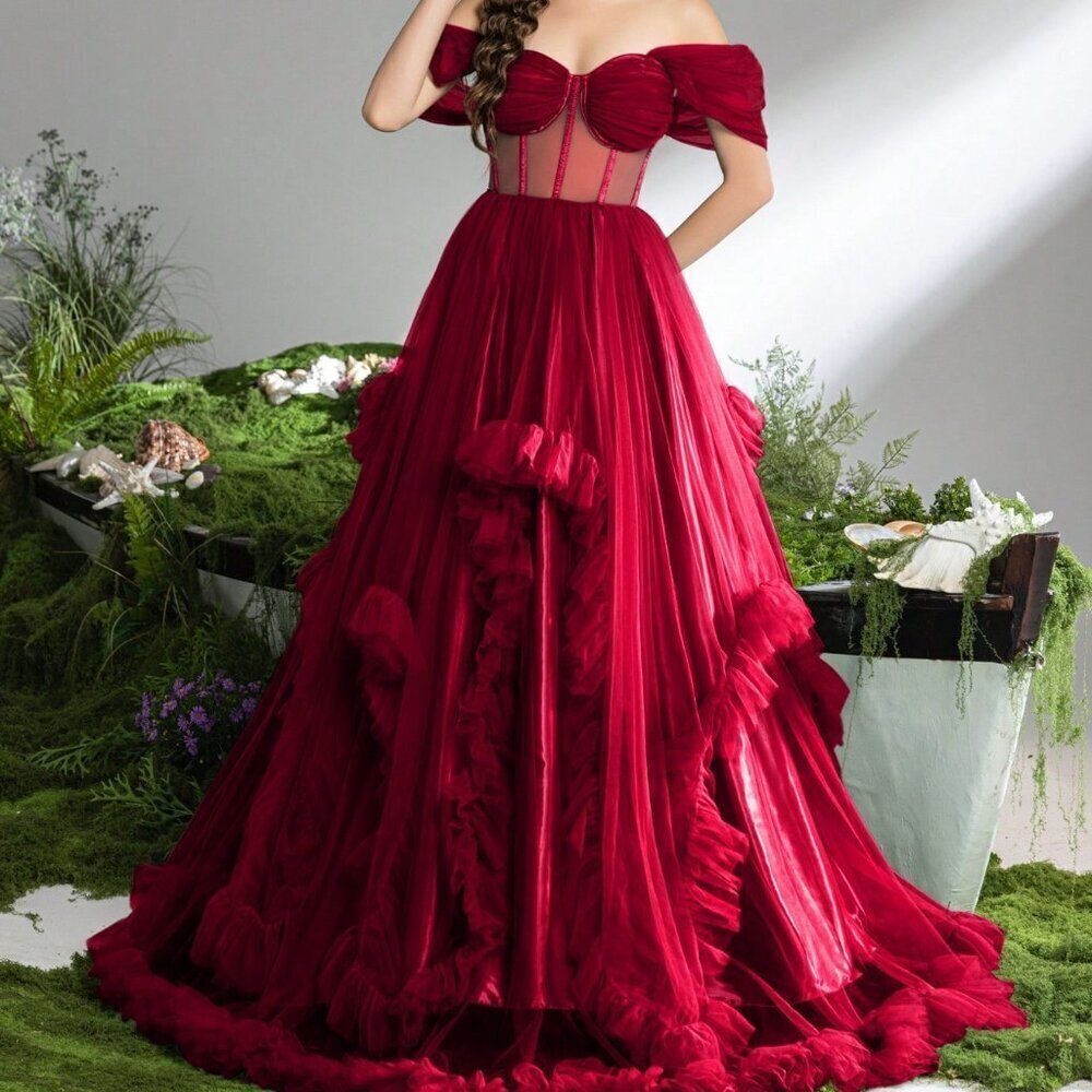 Burgundy Preppy Women's Off-Shoulder Evening Gown